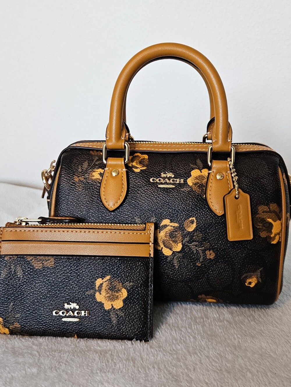 Coach Mini Rowan - Signature Canvas w/ Floral Print and Matching ID Case - NWOT